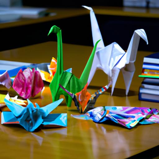 Bức ảnh trưng bày một bộ sưu tập sách và tài liệu về origami với nhiều mẫu con vật từ giấy khác nhau.